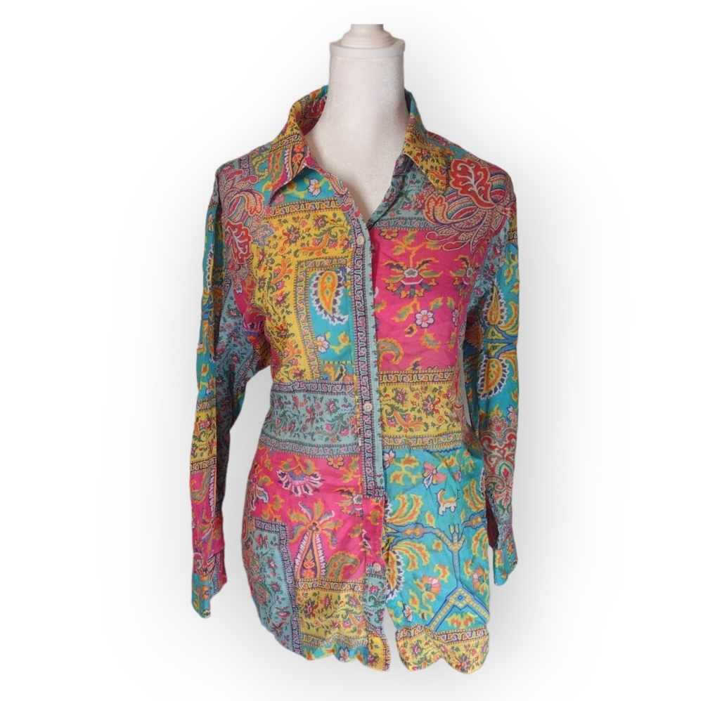 Lauren Ralph Lauren paisley button down shirt blue pink yellow size XL